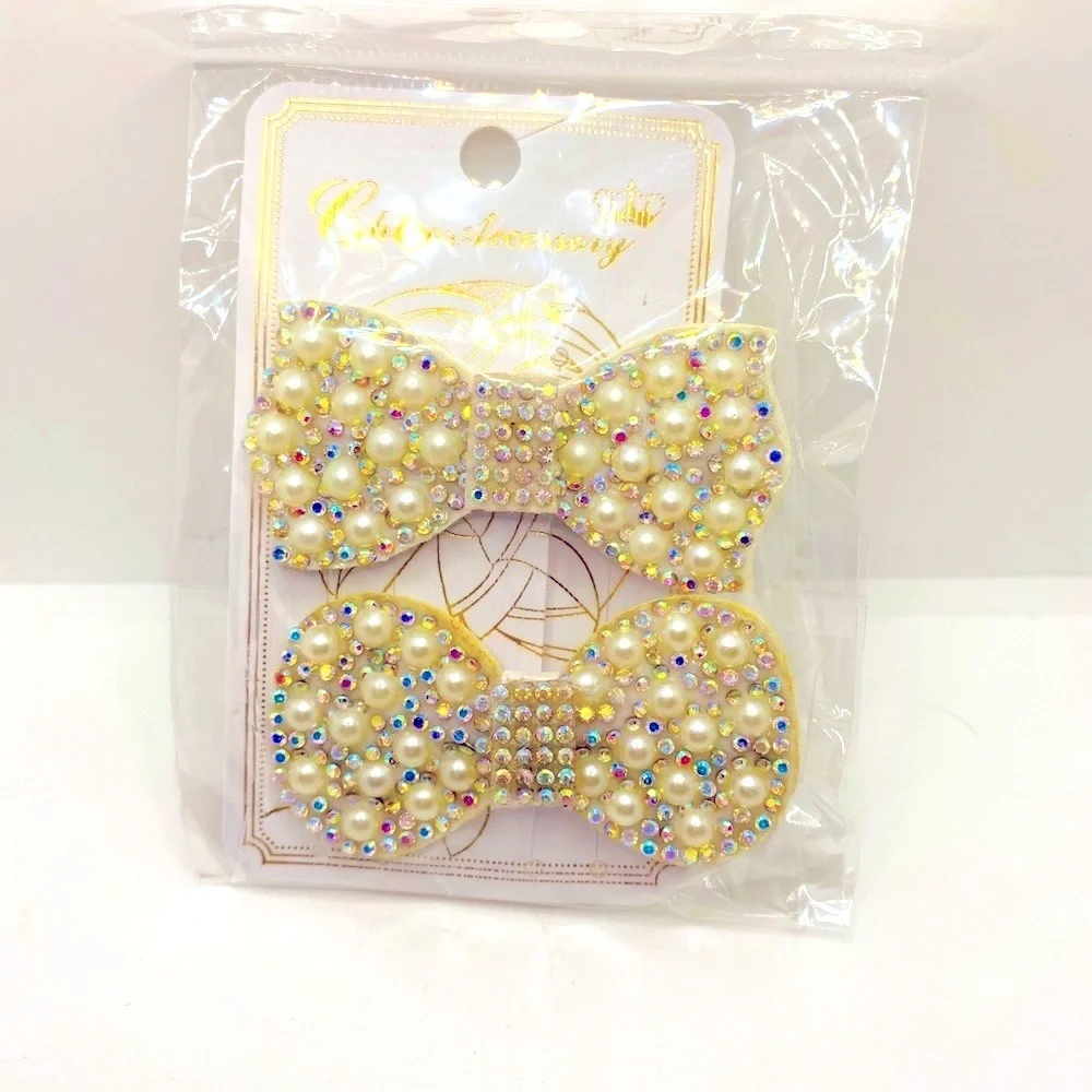 Hair barrette bow faux pearls crystals iri…